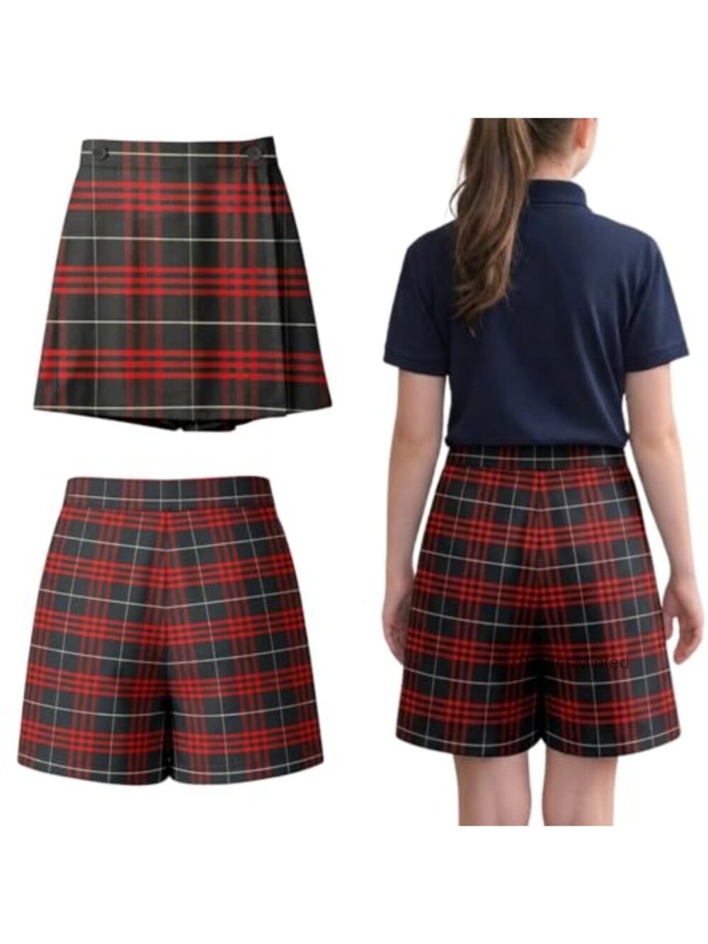 Girls Plaid School Uniform Skort Built-in Shorts Adjustable Waistband